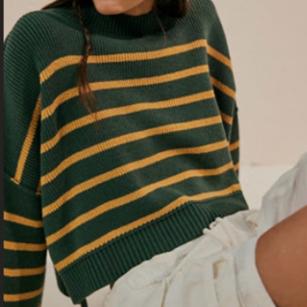 Free People Easy Street Green and Yellow Striped Cropped Sweater